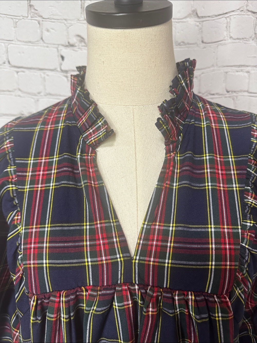 Entro Navy Plaid V Neck Puff Sleeve Babydoll Mini Dress S Small - Picture 2 of 10